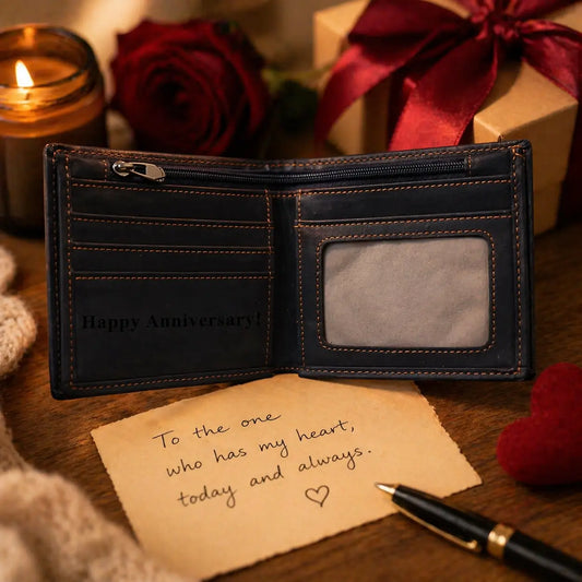 Custom engraved anniversary gift for him featuring a handcrafted brown leather wallet with a sentimental laser-etched message, luxury gift packaging, and decorative rose.