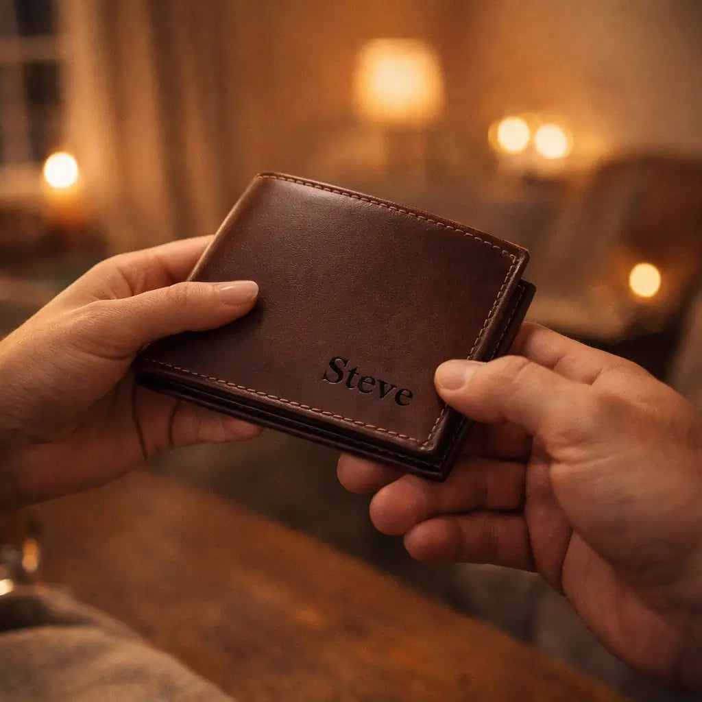 Leather Bifold Wallet in saddle full-grain leather, displaying a custom-engraved anniversary quote and hand-stitched edges.