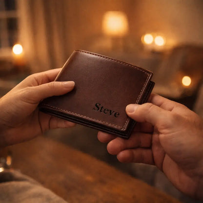 Leather Bifold Wallet in saddle full-grain leather, displaying a custom-engraved anniversary quote and hand-stitched edges.