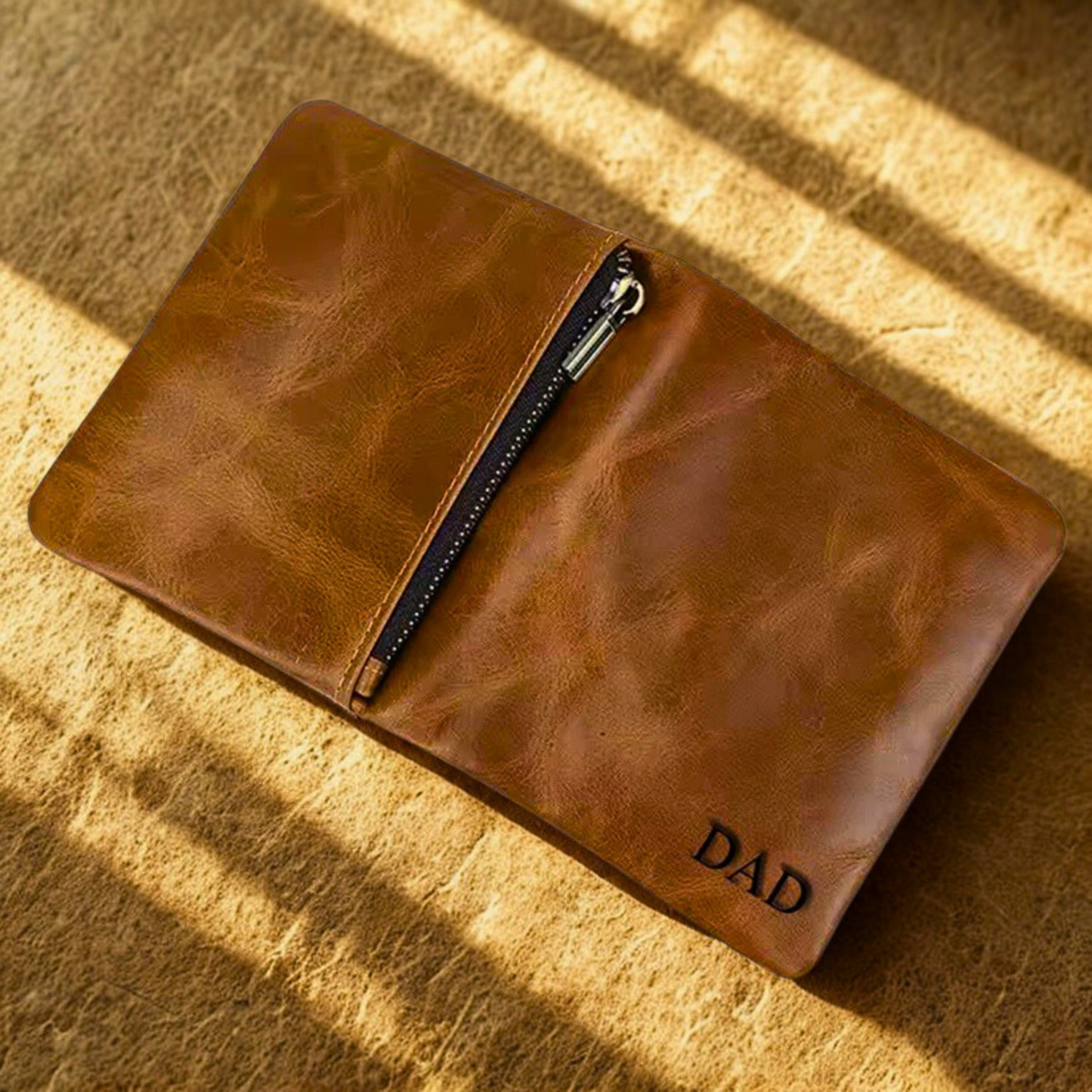 Close-up of a premium tan leather wallet with "DAD" laser-engraved on the front, highlighting the bifold trifold design and high-quality metal zipper.