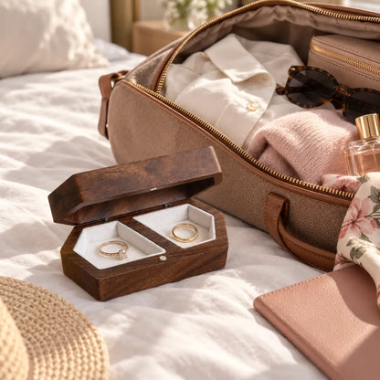 Dark walnut wooden double ring box displayed beside an open handbag and neutral accessories as a personalised wedding keepsake.