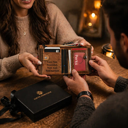 Premium Gifts Heritage men's leather trifold wallet with custom engraving, shown being gifted in a luxury black gift box.