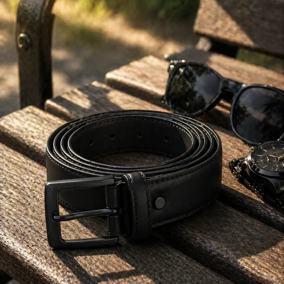 Black genuine leather casual belt with matte buckle displayed outdoors with sunglasses and watch – stylish men’s accessory
