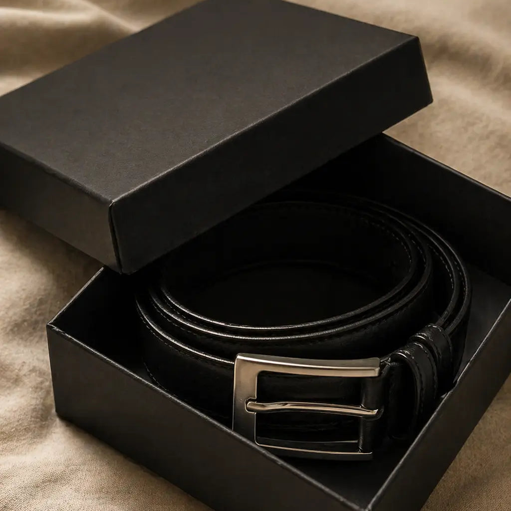 Black genuine leather men’s dress belt in premium gift box with polished metal buckle – luxury designer belt packaging