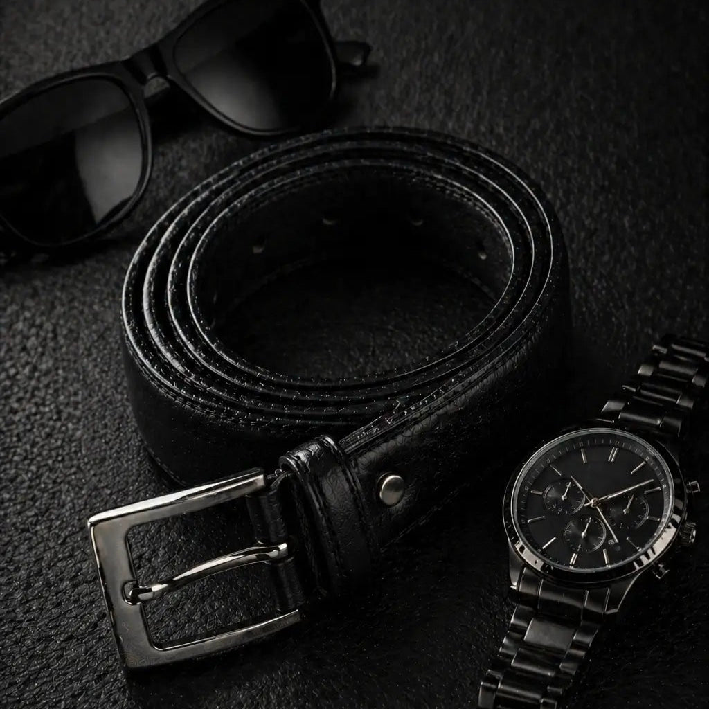 Luxury black leather men’s belt with sunglasses and black watch – elegant everyday fashion accessory flat lay