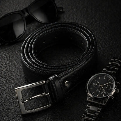 Luxury black leather men’s belt with sunglasses and black watch – elegant everyday fashion accessory flat lay