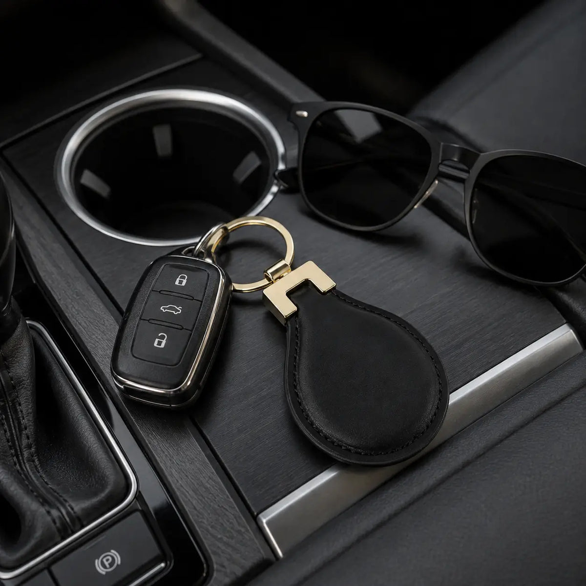 Black leather keychain with car keys and sunglasses displayed inside vehicle centre console
