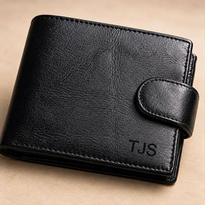 Men's Trifold Leather Wallet - Full Grain Black (Personalised)