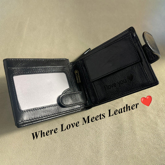 Black leather wallet with 'I love you' engraving on a beige background, text 'Where Love Meets Leather' with a heart emoji.