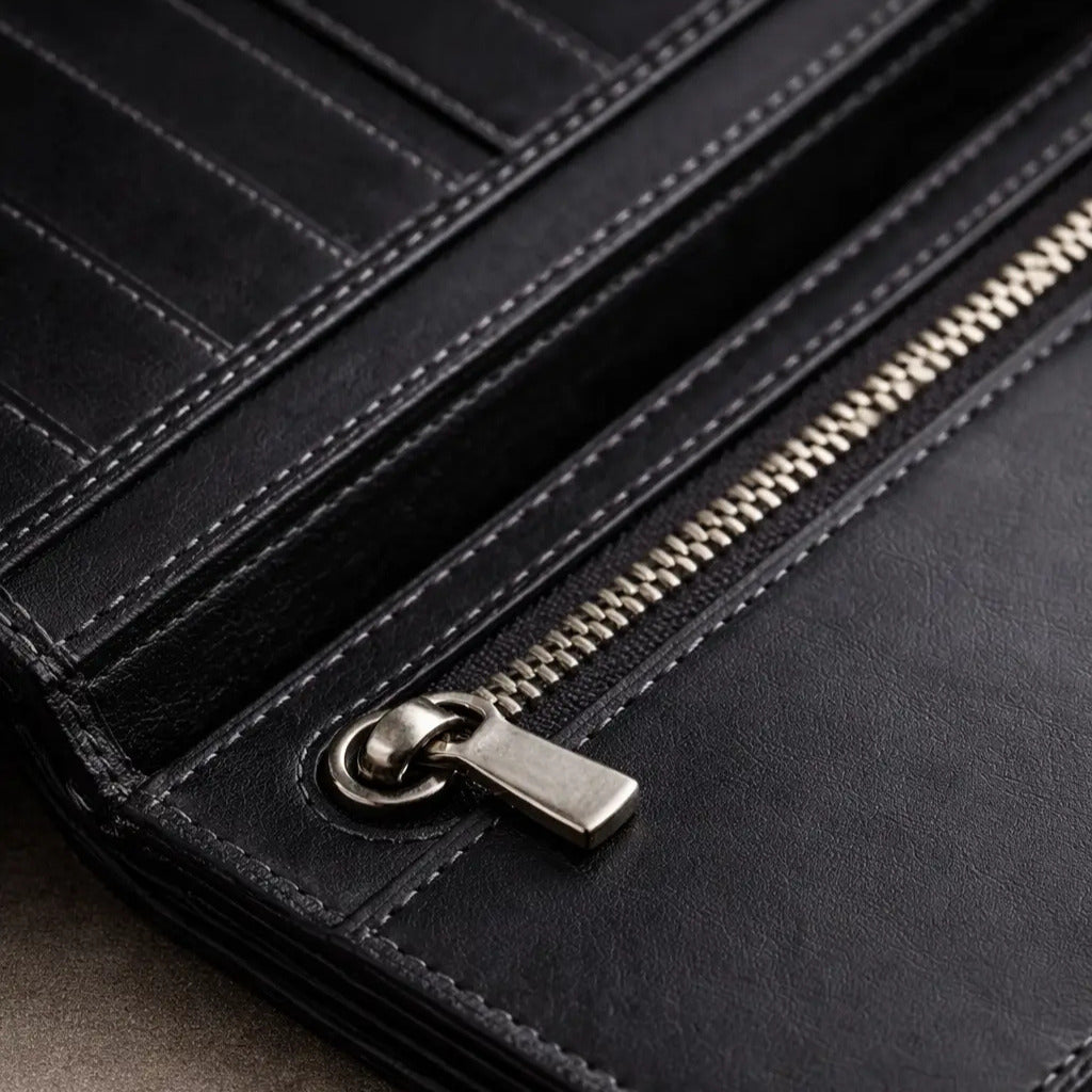 Premium black leather bifold long wallet interior detail, featuring a secure horizontal zip compartment and organized card storage.