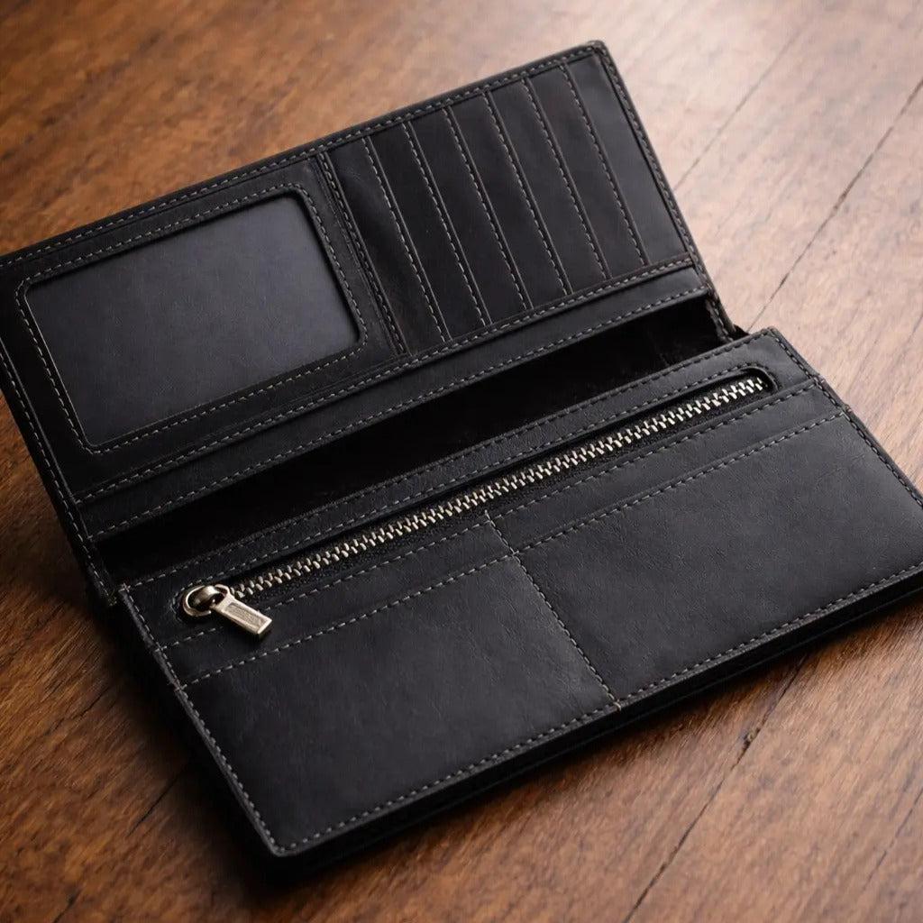 Slim black leather checkbook wallet for men, high-capacity bifold design with zipper compartment and ID holder.
