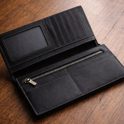 Slim black leather checkbook wallet for men, high-capacity bifold design with zipper compartment and ID holder.