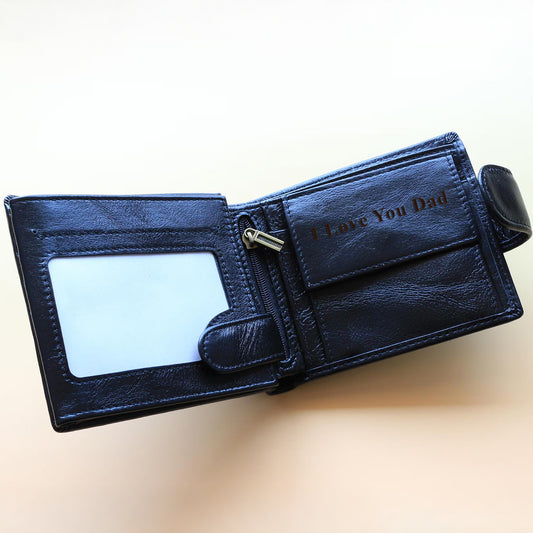 Black leather trifold wallet with 'I Love You Dad' engraving, a great gift for dad.