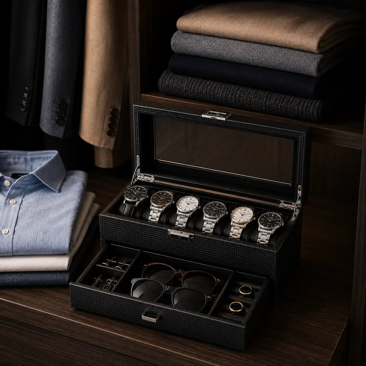 Luxury carbon fiber watch and accessories organizer displayed inside a modern men’s wardrobe beside folded shirts and hanging jackets. Elegant masculine closet setup with watches, sunglasses, cufflinks, and rings arranged neatly in warm ambient lighting.