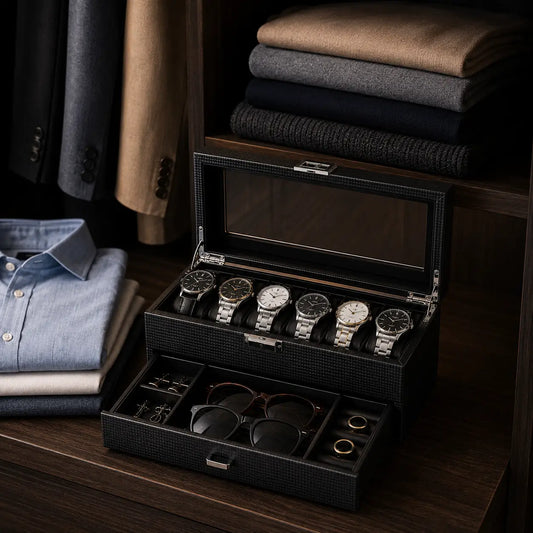 Luxury carbon fiber watch and accessories organizer displayed inside a modern men’s wardrobe beside folded shirts and hanging jackets. Elegant masculine closet setup with watches, sunglasses, cufflinks, and rings arranged neatly in warm ambient lighting.