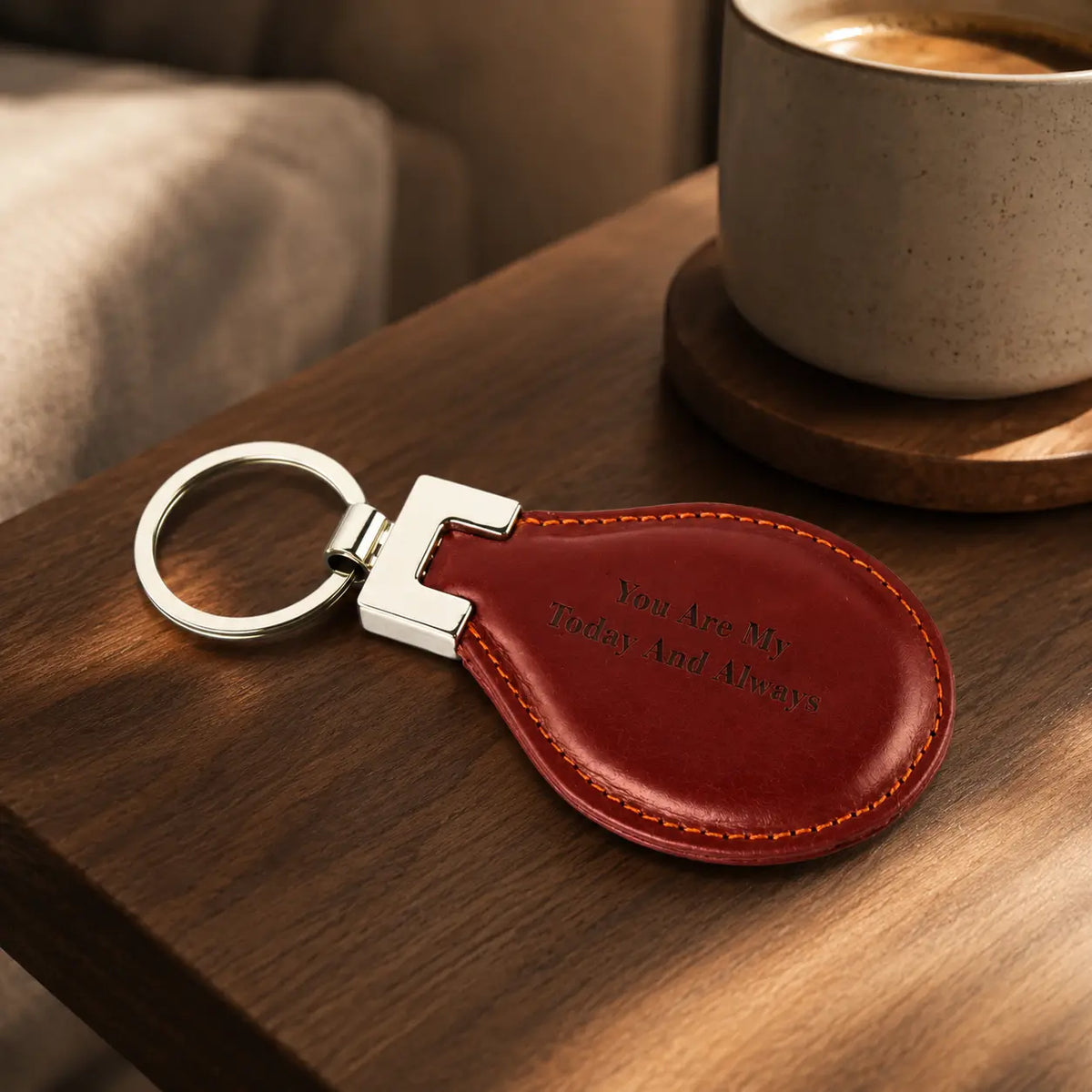 Personalised leather keychain engraved with I Love You displayed beside a coffee cup on a wooden table