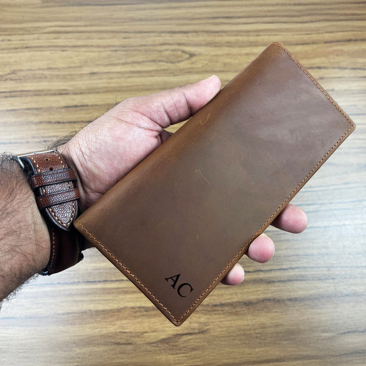 Premium handcrafted light brown leather wallet for men with a slim bifold design, ideal for professional everyday carry and minimal style.