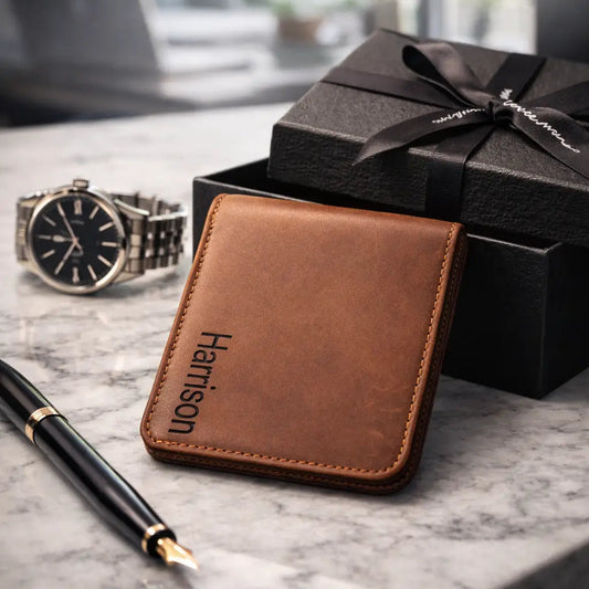 Leather Bifold Wallet in dark mocha full-grain leather, highlighting a sleek minimalist fold and hand-stitched edging.
