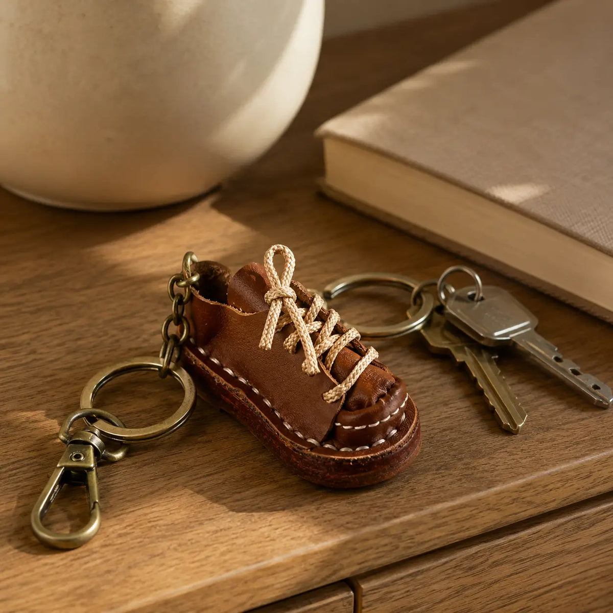 Brown leather shoe keychain displayed with keys and brass hardware on a wooden table