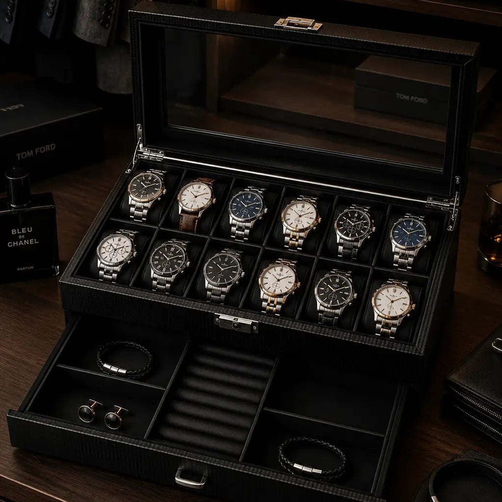 Luxury carbon fiber watch organizer with 12 watch compartments displayed open inside a premium men’s wardrobe, featuring jewelry storage drawer, accessory compartments, luxury watches, folded clothing, and warm ambient lighting.