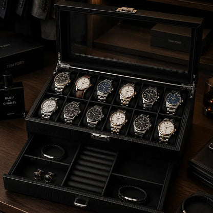 Luxury carbon fiber watch organizer with 12 watch compartments displayed open inside a premium men’s wardrobe, featuring jewelry storage drawer, accessory compartments, luxury watches, folded clothing, and warm ambient lighting.