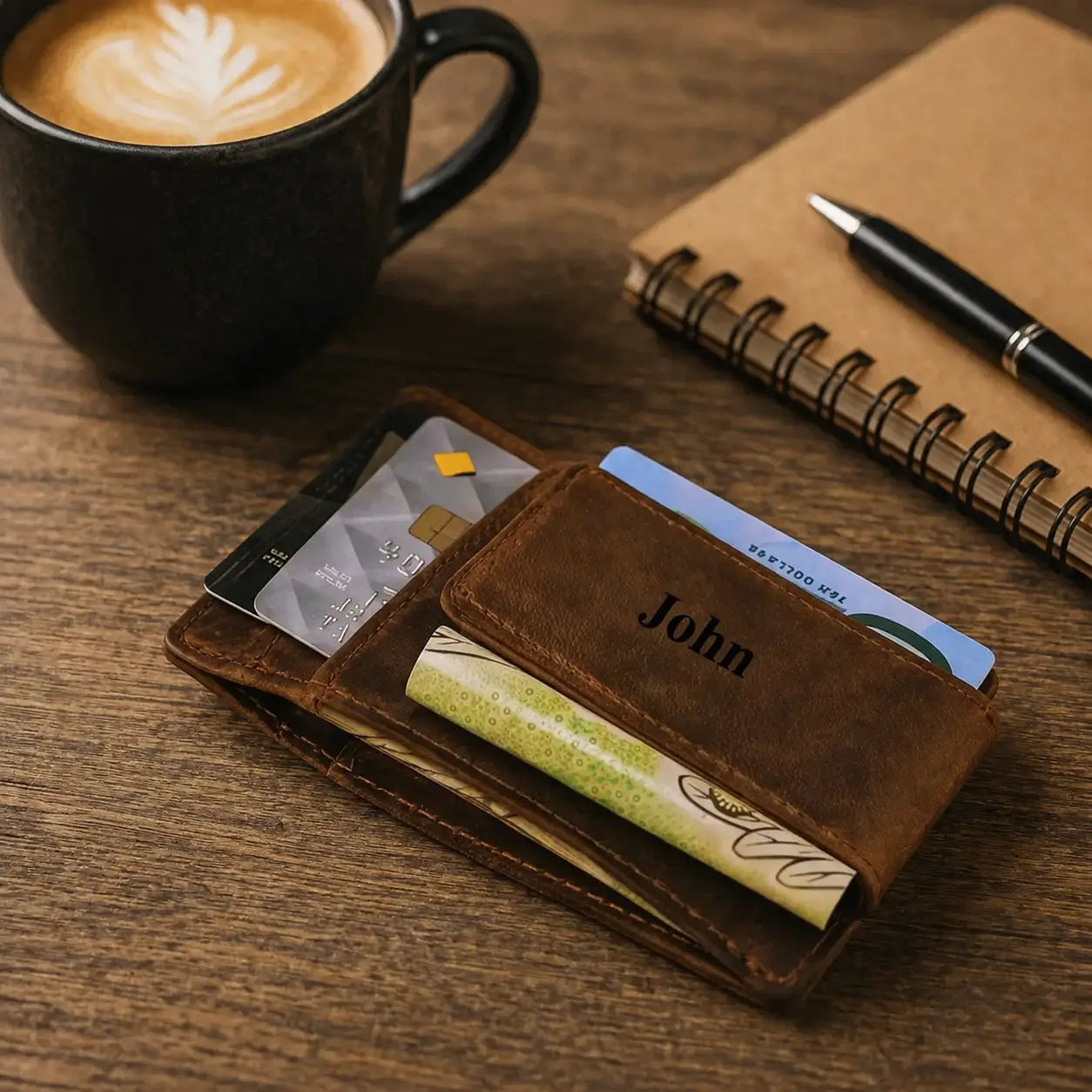 Custom engraved minimalist leather wallet holding multiple credit cards and folded cash, demonstrating a slim design for professional everyday use.