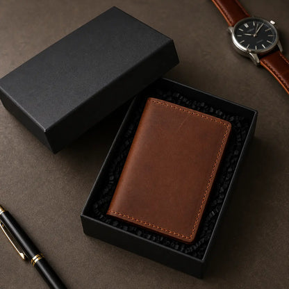 Slim handcrafted brown leather wallet for men inside a minimalist black presentation box, featuring fine perimeter stitching and a rugged vintage finish.
