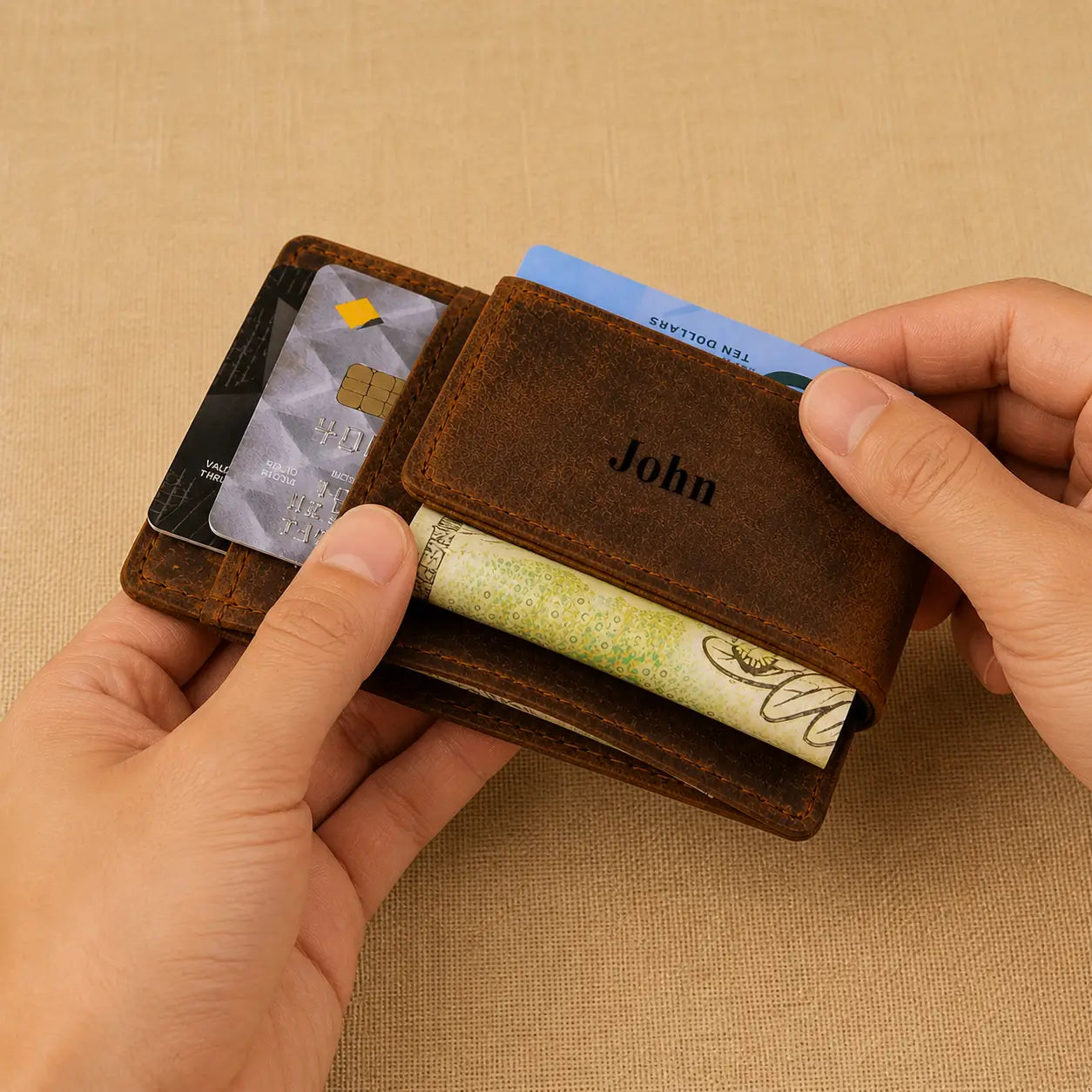 Personalized dark brown leather bi-fold card holder with a custom laser-engraved name "John," shown holding credit cards and Australian currency.