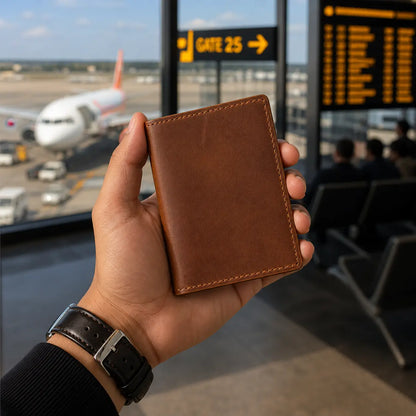 Handheld view of a slim brown leather card holder for travel, held in an airport terminal with an airplane and departure gate in the blurred background.