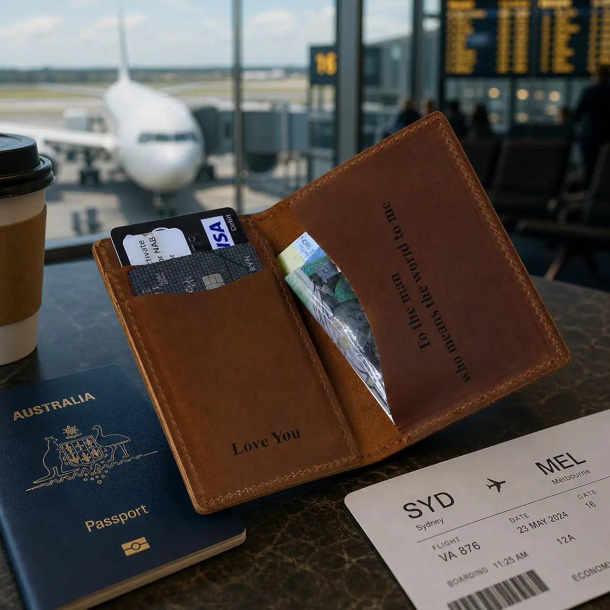 Interior view of a brown bifold leather wallet showing horizontal card slots and a secure zippered coin pocket.
