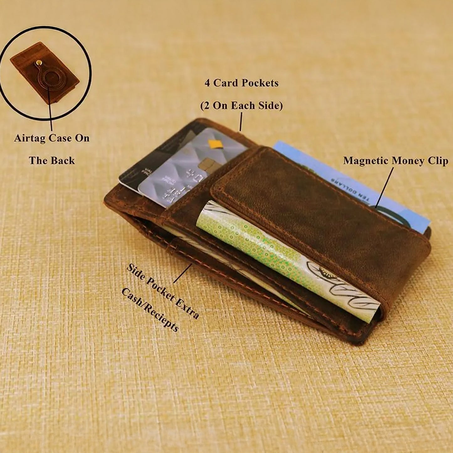 Brown leather wallet magnetic money clip wallet with detailing 