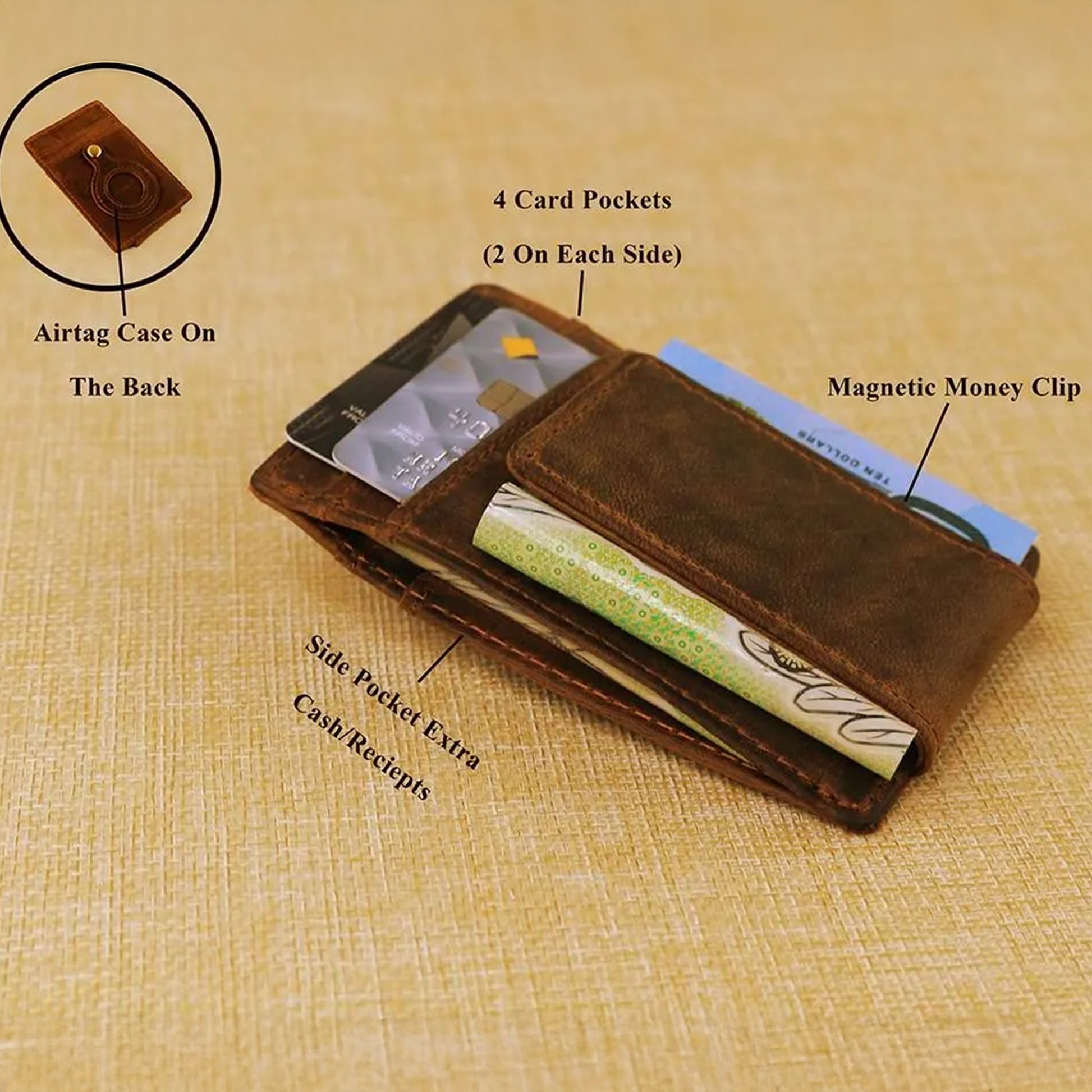 Brown leather wallet magnetic money clip wallet with detailing 