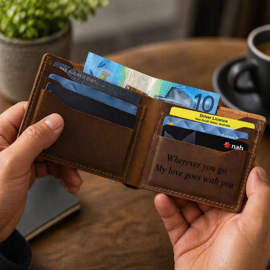 Bifold Leather Wallet with Engraved Initials - Premium Brown
