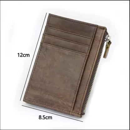 Small Brown leather cardholder wallet with measurements on a white background