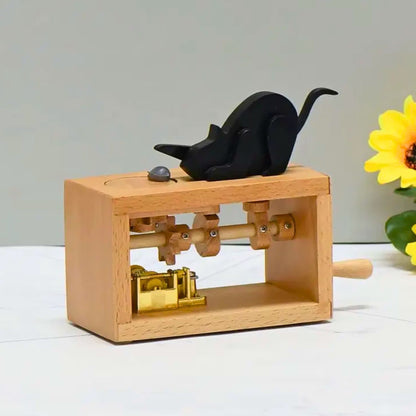 Wooden automata with a black cat chasing a mouse, handmade gift, also used as decoration piece.