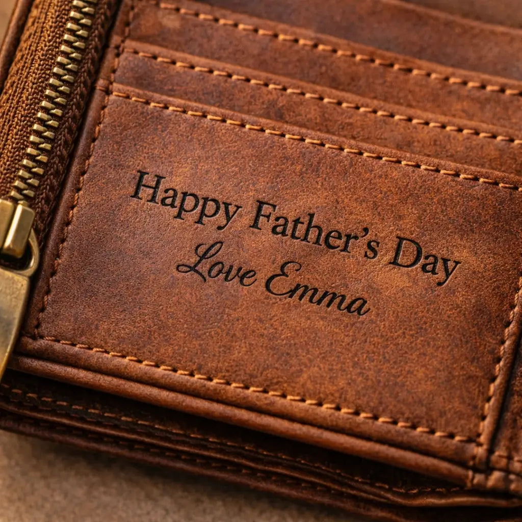 Custom engraved Father's Day gift for him, vintage tan leather wallet with personalized message from daughter and secure brass zipper.