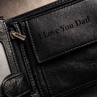 Leather Bifold Wallet in espresso full-grain leather, highlighting a minimalist cover with precision-stitched edges.