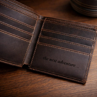 Leather Bifold Wallet in dark espresso full-grain leather, featuring hand-stitched slots and custom interior engraving.