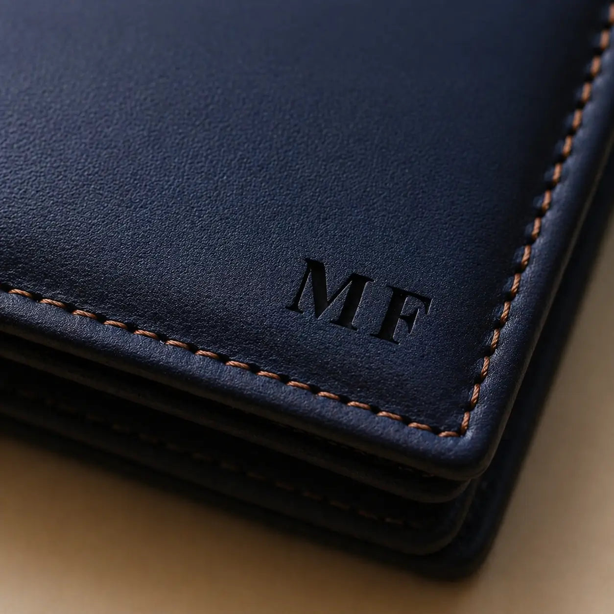 Custom monogrammed men's leather wallet in chocolate brown, showing detailed laser-engraved initials and a smooth, premium leather texture.