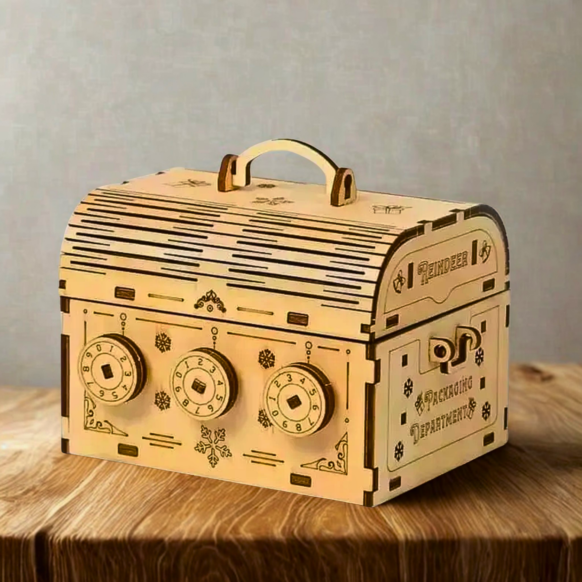 Wooden treasure chest puzzle with intricate designs on a wooden surface