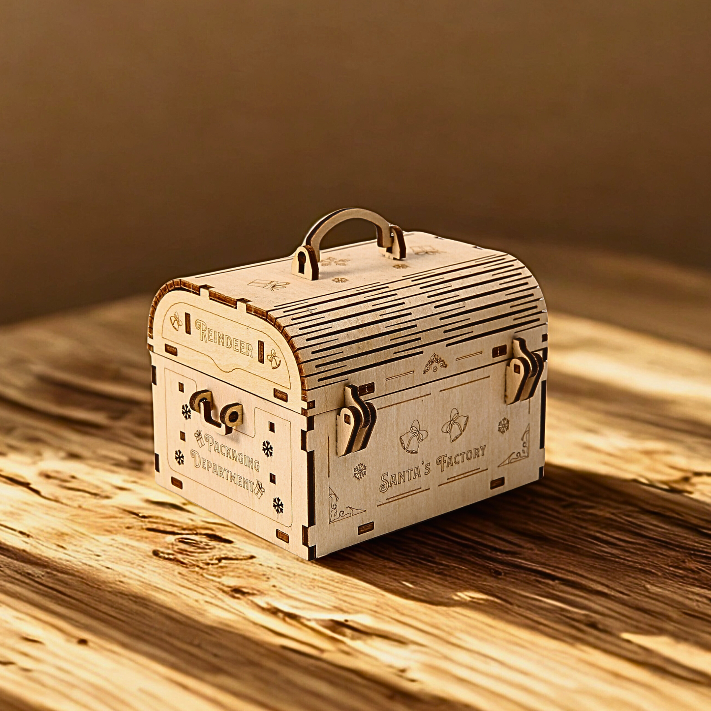 Wooden coding box puzzle with intricate details on a wooden surface