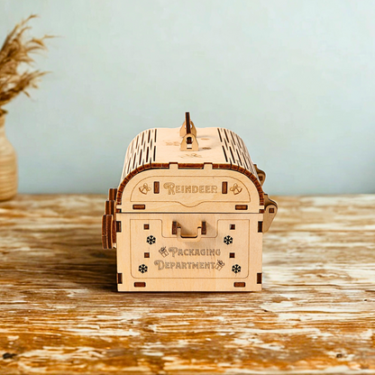 Wooden coding box puzzle model on a wooden surface with a light blue background