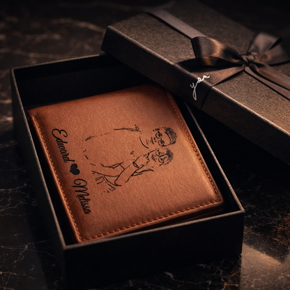Handcrafted tan leather bifold wallet with laser-engraved romantic photo and custom text, presented in a luxury black gift box with "Love" ribbon.