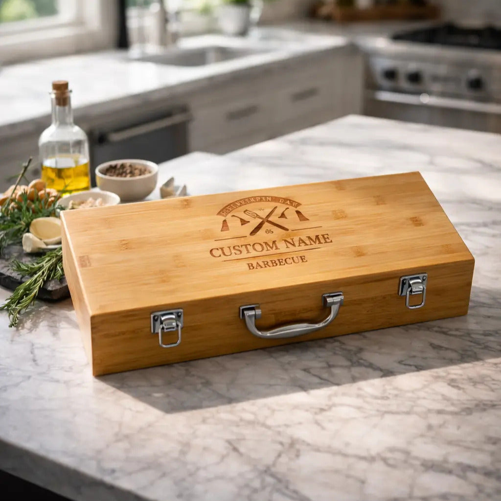 Personalised 5-Piece BBQ Tool Set with Bamboo Gift Case