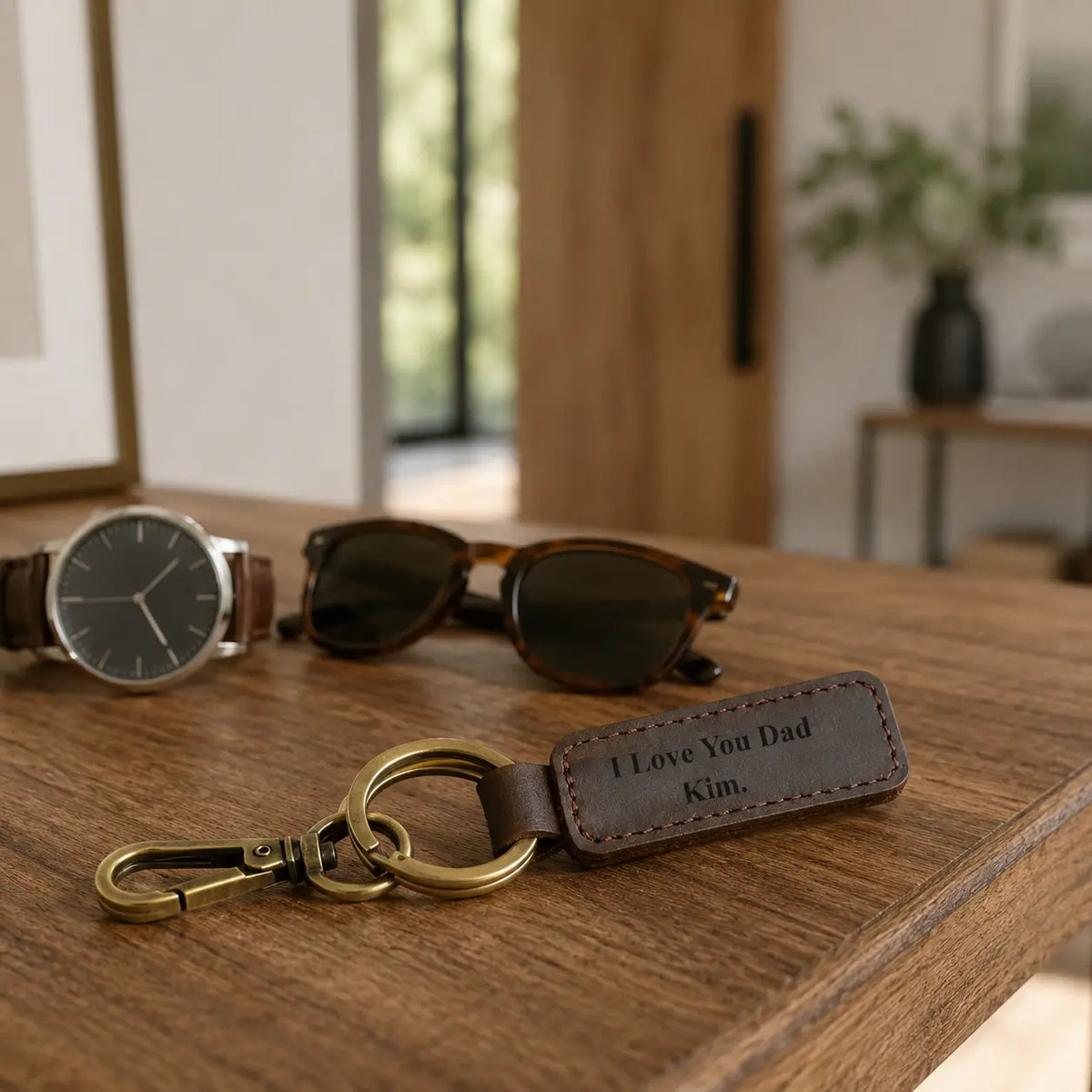 Personalised brown leather keychain displayed with wristwatch and sunglasses on a wooden table