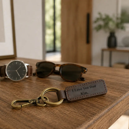 Personalised brown leather keychain displayed with wristwatch and sunglasses on a wooden table