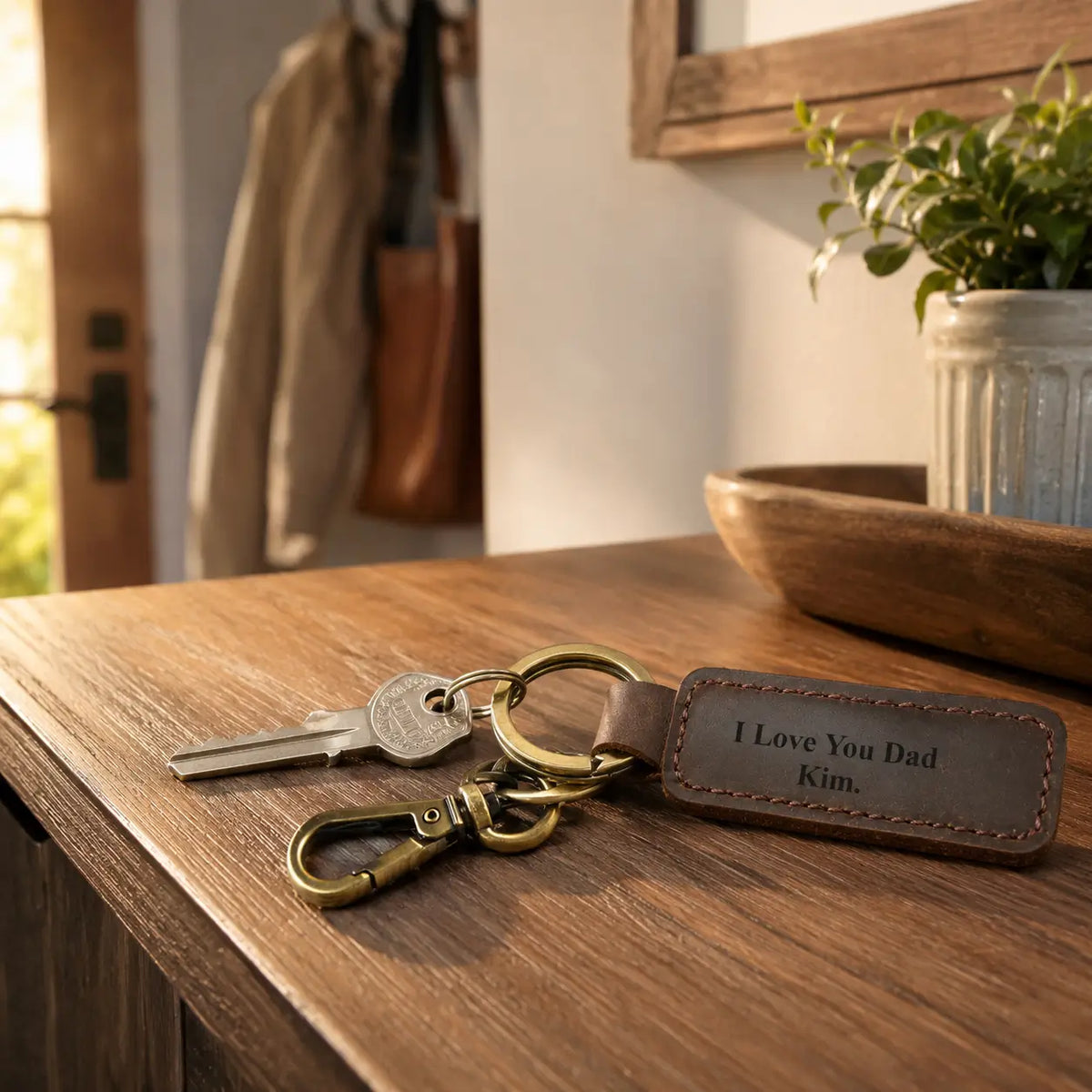 Personalised brown leather keychain with engraved message displayed beside wallet and home accessories on a wooden table