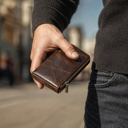 Leather Zipper Wallet in full-grain dark mocha leather, featuring a hand-stitched exterior and brass hardware security.