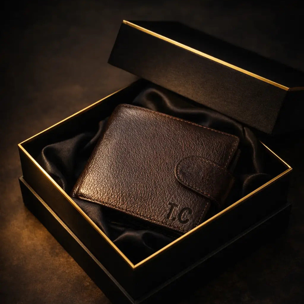 Leather Bifold Wallet in pebbled espresso full-grain leather, gift-boxed with custom initials and secure tab closure.