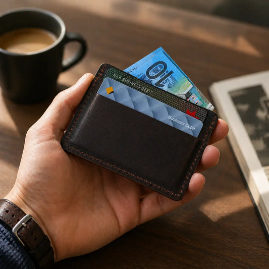 Minimalist handmade leather card holder held in hand, showing the compact size and premium texture next to professional desk accessories.